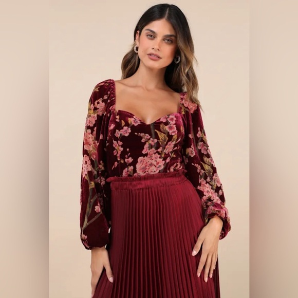Lulus Luxe Romance Burgundy Velvet Floral Burnout Long Sleeve Bodysuit Size XL - Picture 4 of 5
